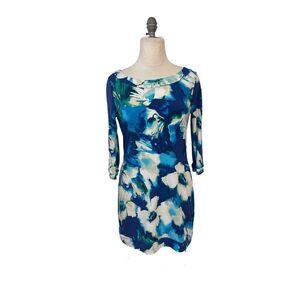 White House Black Market Blue Green Stretch Dress 3/4 sleeves Small